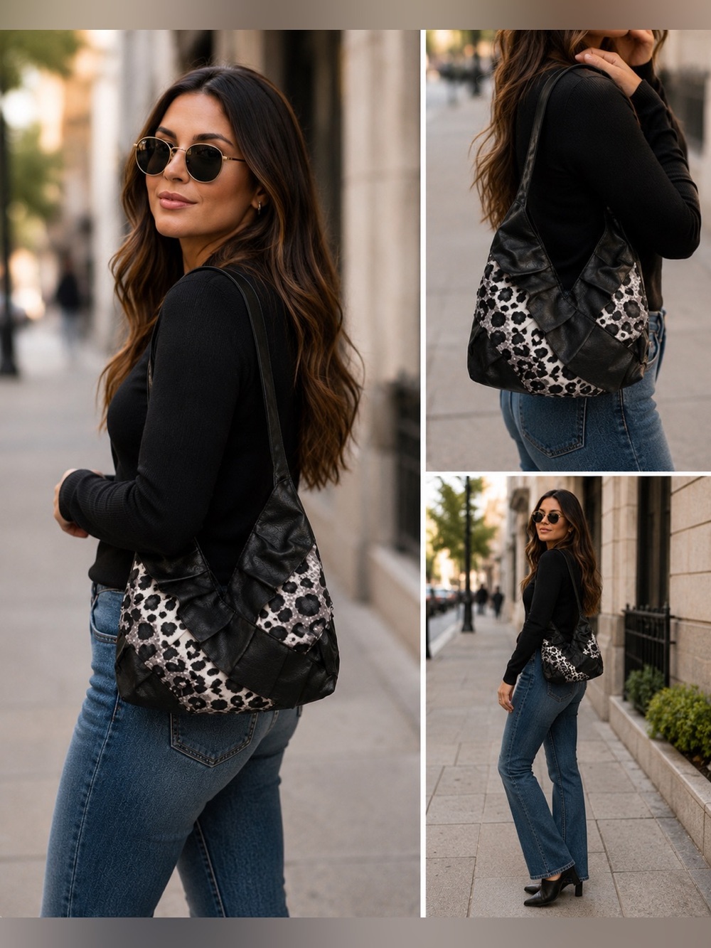 Animal Print Ruffle Shoulder Bag | Black Faux Leather Leopard Purse